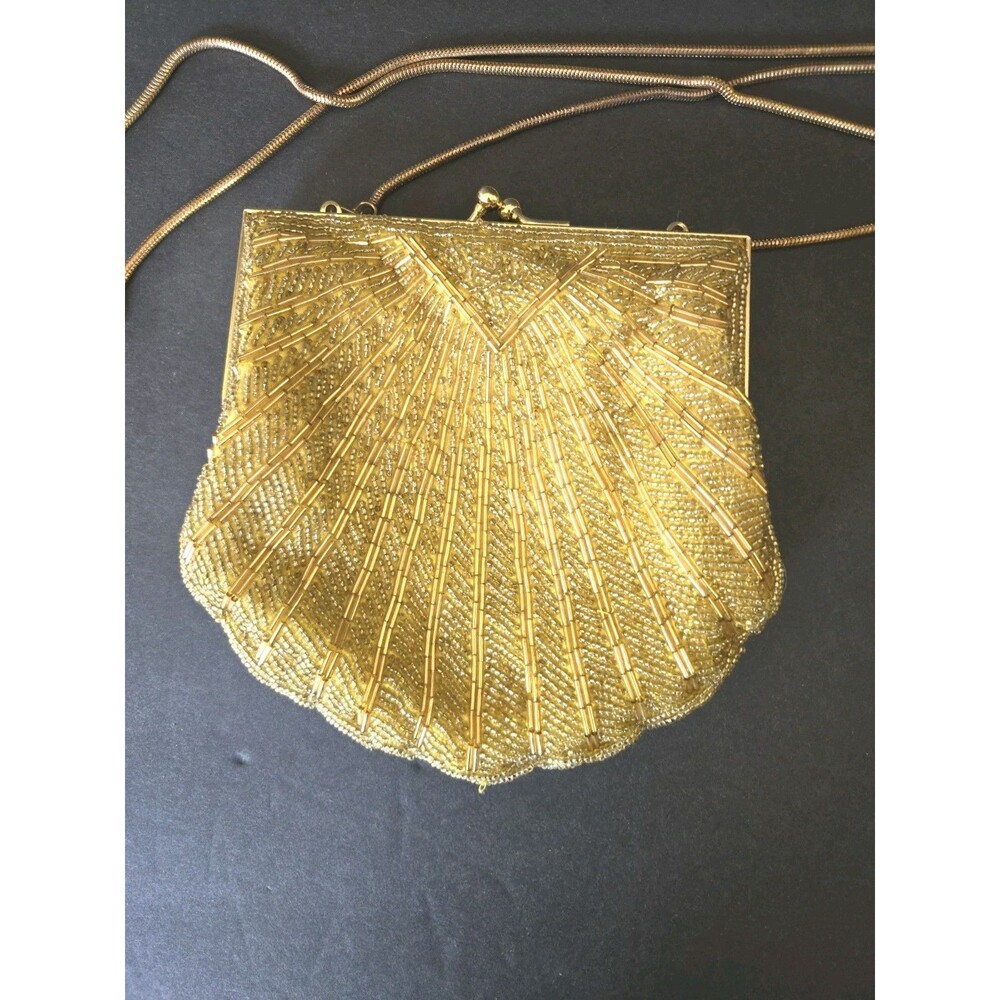 Vintage Partners by Mervyns Gold Beaded Clamshell Evening Bag / Clutch GUC